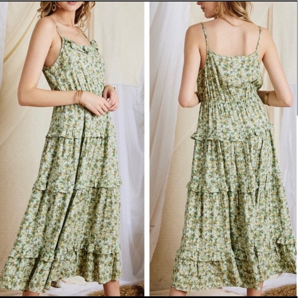 New! Clearance 🔥Sage Floral Tiered Ruffle Adjustable Spaghetti Strap Maxi Dress - Picture 3 of 7